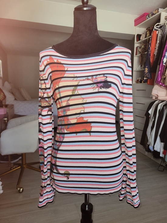 Etro Tops - Etro 42 Striped Floral Long-Sleeve Women's Top - Pink/Black